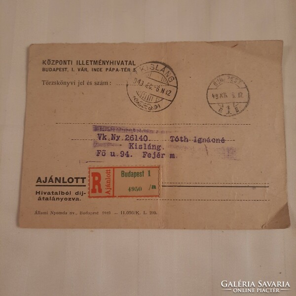Központi Illetményhivatal ajánlott levele 1949. év