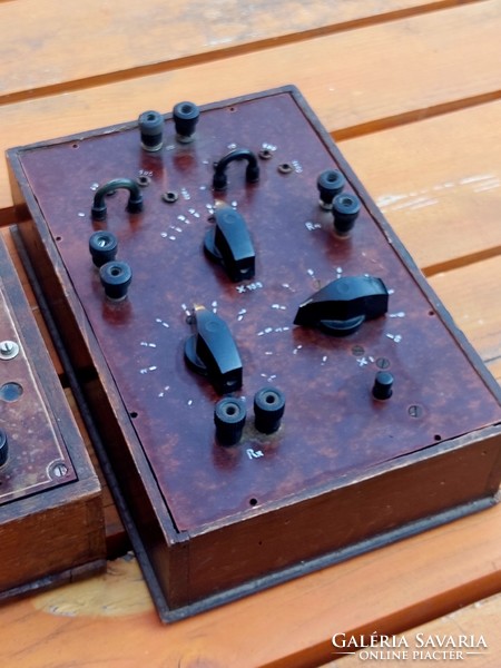 Custom-made antique wooden box instruments..Voltage and current meter, and a decade resistor.