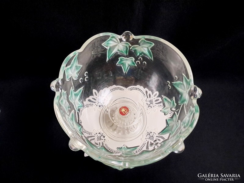 Beautiful large walther glass base glass serving bowl with green leaf pattern