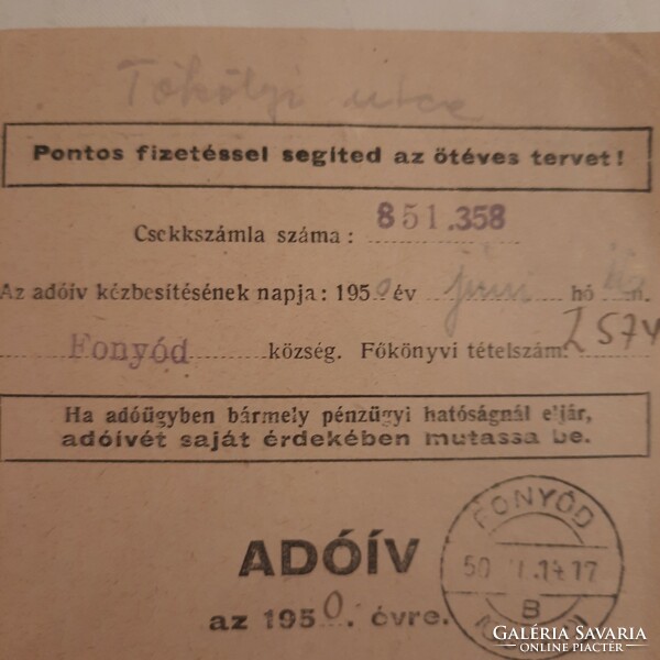 Fonyód Adóhivatal által kiállított adóív az 1950. évre