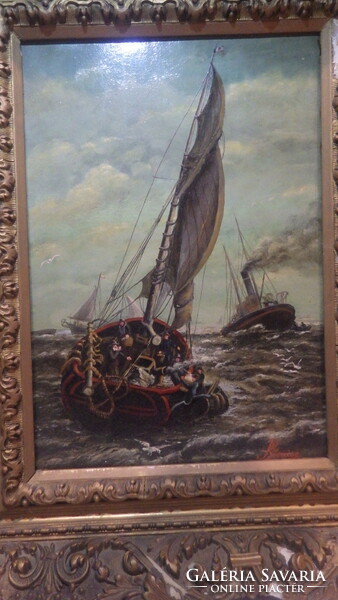 1901 oil-on-wood marked boat painting