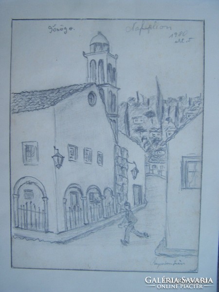 Irén Regdon (circa 1945-1990): street in Nauplion - paper, pencil, 23 x 17 cm, marked lower right