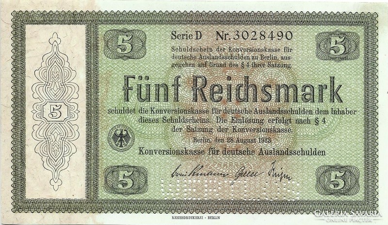 5 reichsmark 1933 Németország Konvesionskasse ritka kiváló állapotban. Perforált