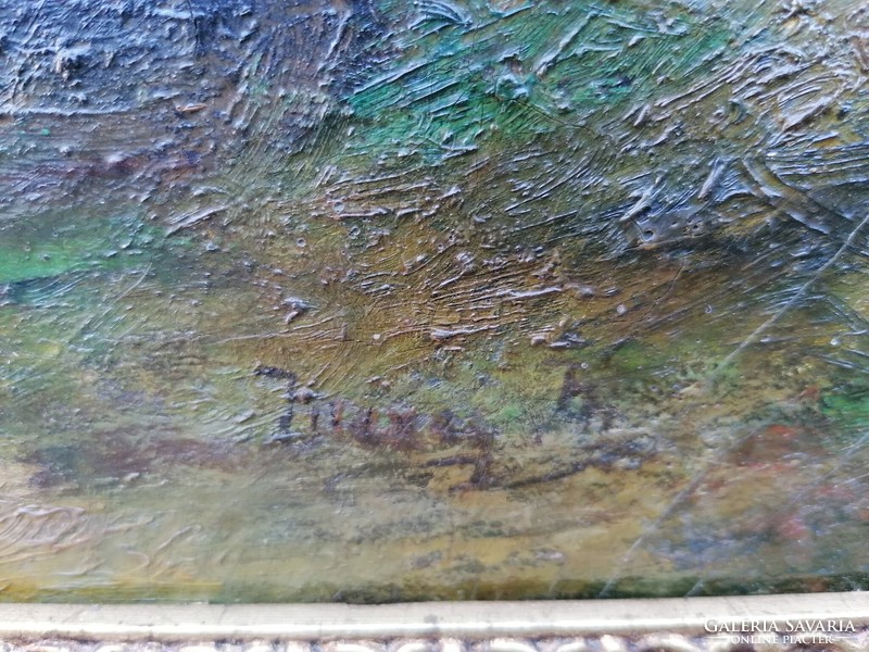 Olaj-vászon festmény, erdőbelső, arany-fa képkeret, szignót próbáld meg leolvasni 65x82 cm