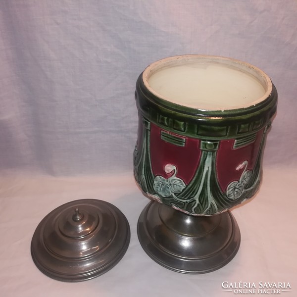Old majolica body storage with base and lid, decorative object