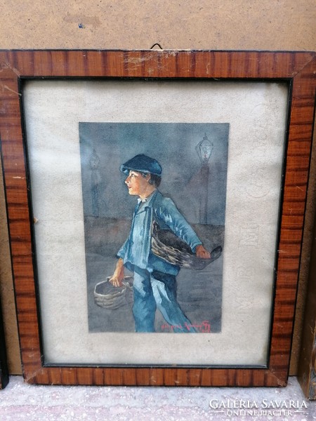 115 Year marked watercolor painting, portrait painting, man with basket