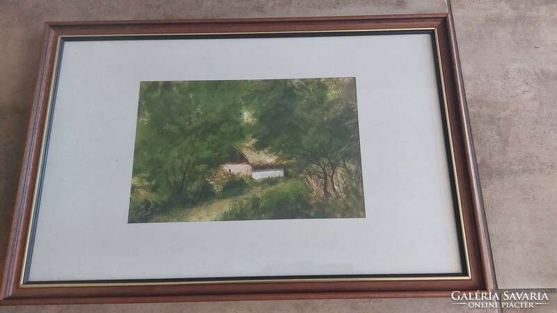 (K) signed forest cottage painting 50x34 cm with frame