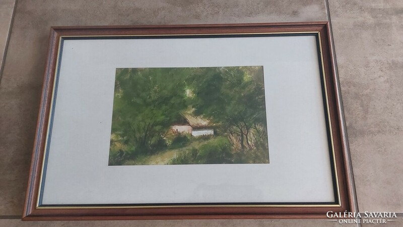 (K) signed forest cottage painting 50x34 cm with frame
