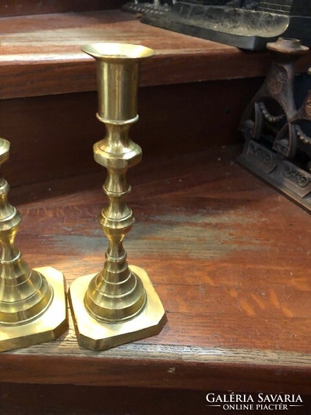 Art deco copper candle holders in a pair, 22 cm high.