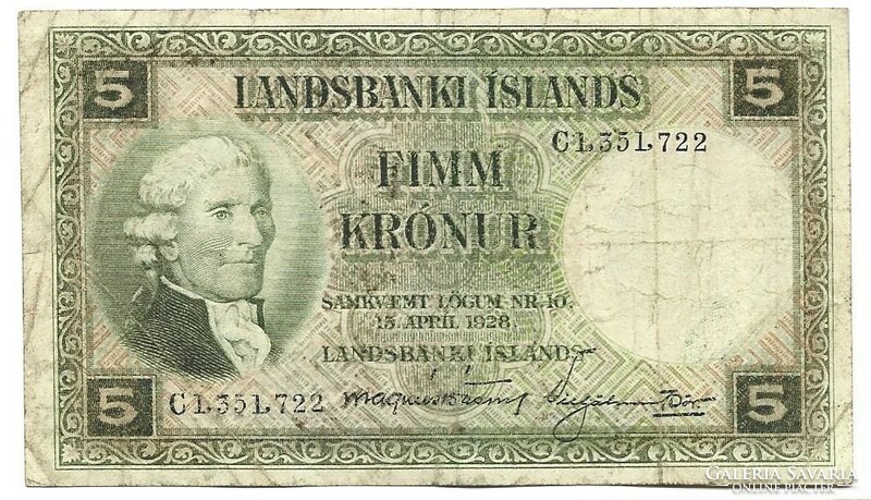 5 Krónur 1928 april 15 Iceland green 1.