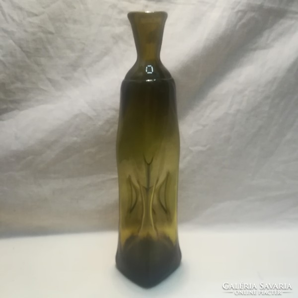 Blown glass bottle with applied neck, body pressed on four sides