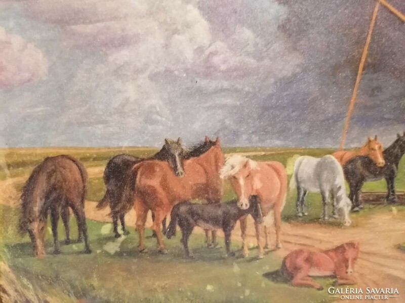 Egyed Imre 1976 Hortobágy, lovak az itatónál festmény