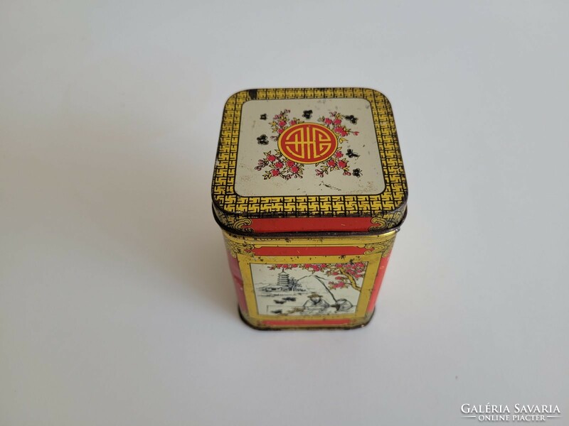 Régi fémdoboz szögletes teás doboz keleti mintás japán