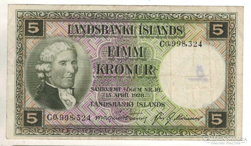 5 krónur 1928 april 15 Izland zöld 2.