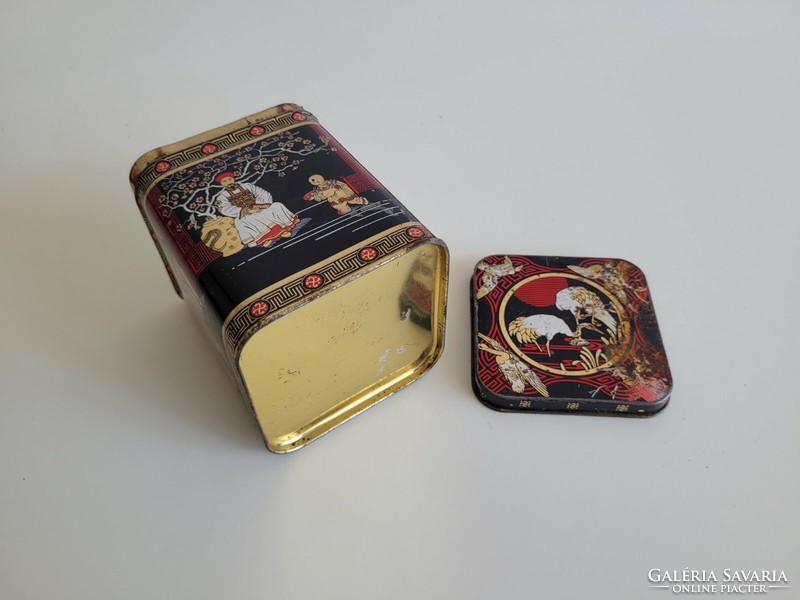 Old metal tea box with oriental pattern, Japanese