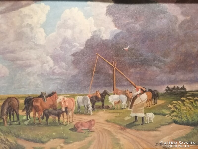 Egyed Imre 1976 Hortobágy, lovak az itatónál festmény