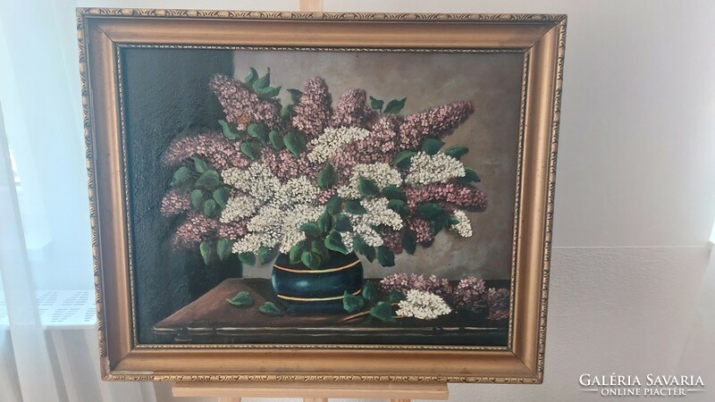 (K) very beautiful lilac flower still life painting 80x65 cm with frame