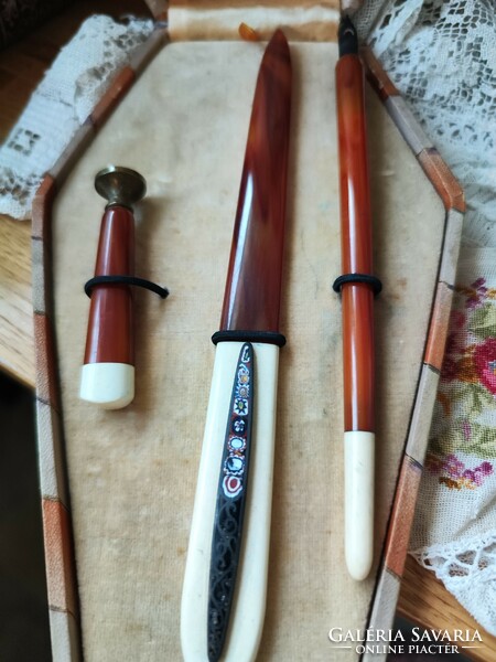 Art deco writing set, with millefiori inlaid handle, rm monogrammed stamp press, pen