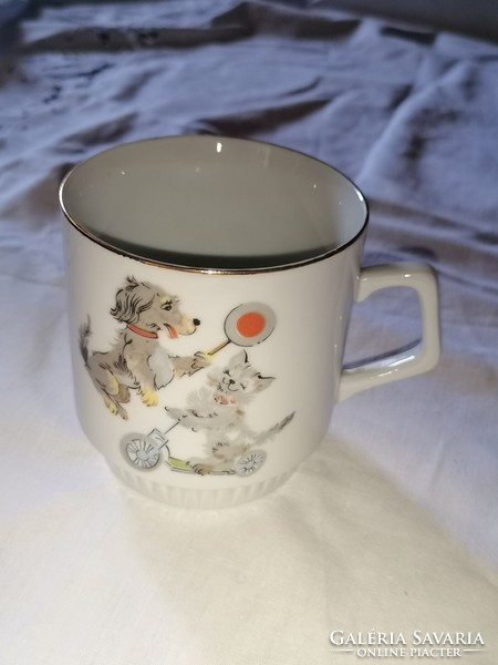 Zsolnay, rarer, retro, fairy tale pattern, scooter cat, doggy cup, mug 21.
