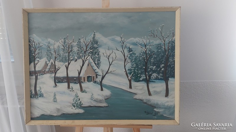 (K) Téli tájkép festmény Wágner szignóval 61x82 cm kerettel