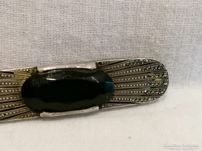 Antique marcasite brooch with big black sapphire
