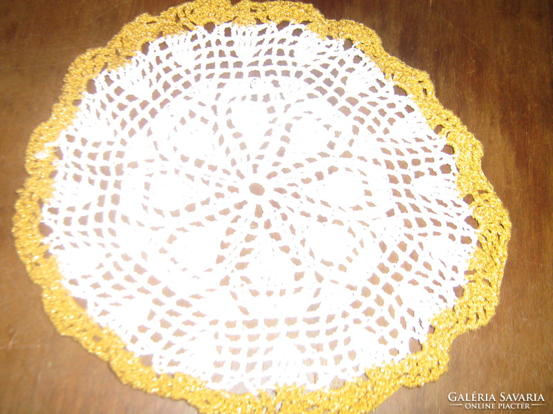 Beautiful hand-crocheted antique white gold-edged round lace tablecloth in a pair