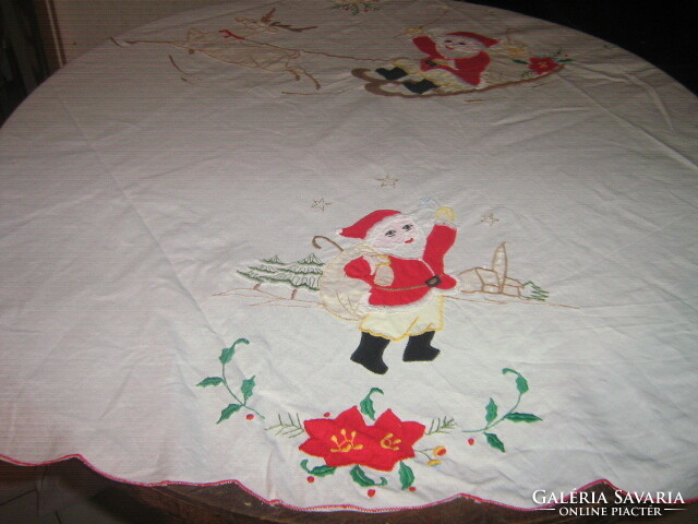 Beautiful stitched Santa poinsettia huge machine embroidered tablecloth