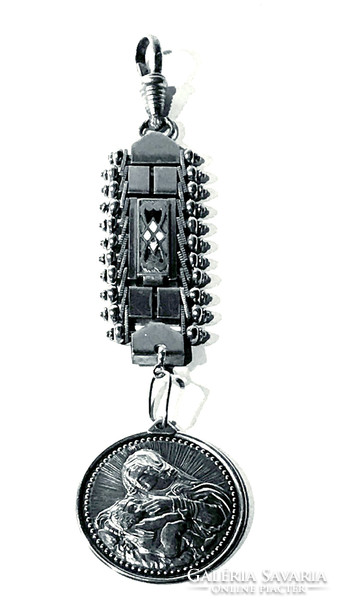 Silver enameled officer's watch chain with madonna silver pendant 17.1 grams 12 cm long