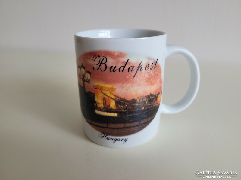 Retro old souvenir mug with the inscription Budapest Hungary with a picture of a chain bridge