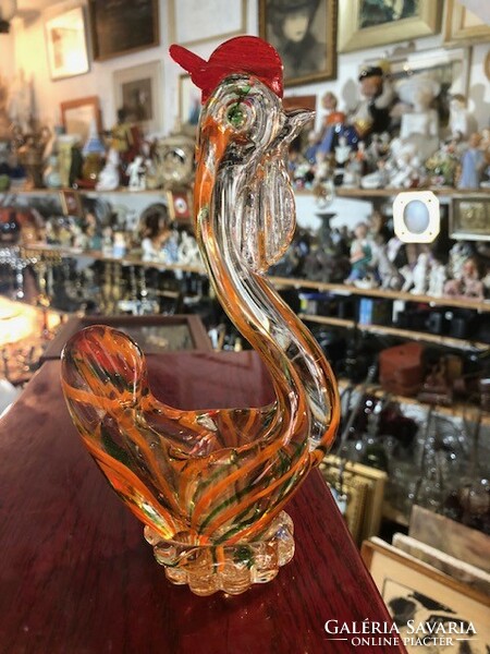 Kakas szobor üvegből, muránói, 1955, 22 cm-es magasságú.