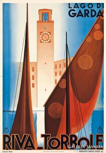 Garda tó Riva Torbole, art deco vintage olasz utazási reklám plakát, modern reprint nyomat, vitorlás