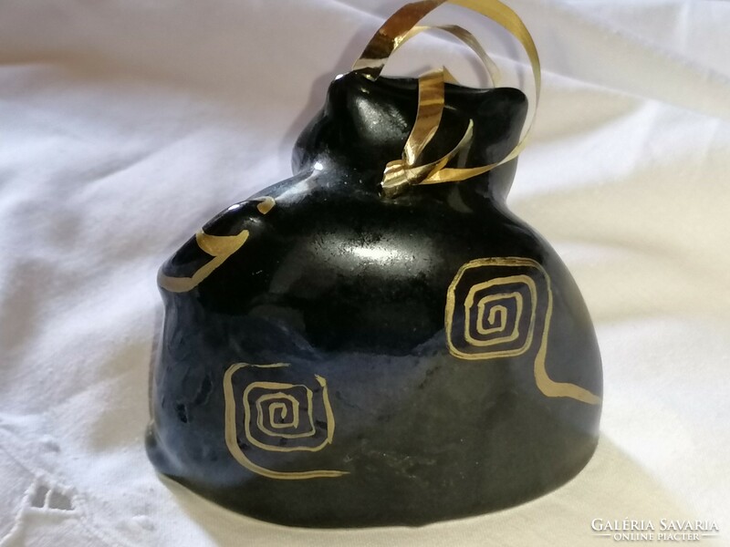Lucky, gold-painted, black cat Christmas bell