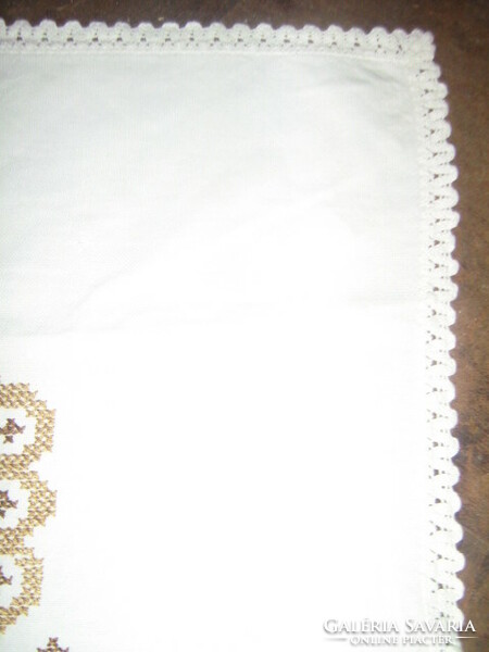 Beautiful light-dark brown cross-stitch embroidery tablecloth with a lace edge