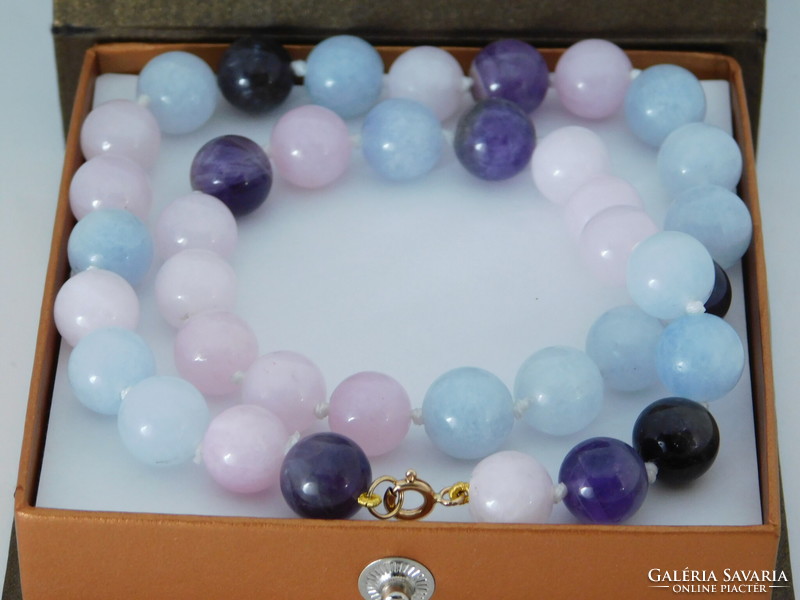 14 K gold aquamarine / amethyst / kunzite special necklace with beautiful large 10.5 Mm stones