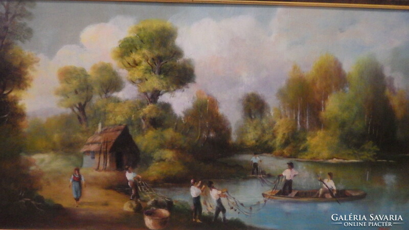 DHS jelzés Halászok festmény , olaj-farost 46x85 cm