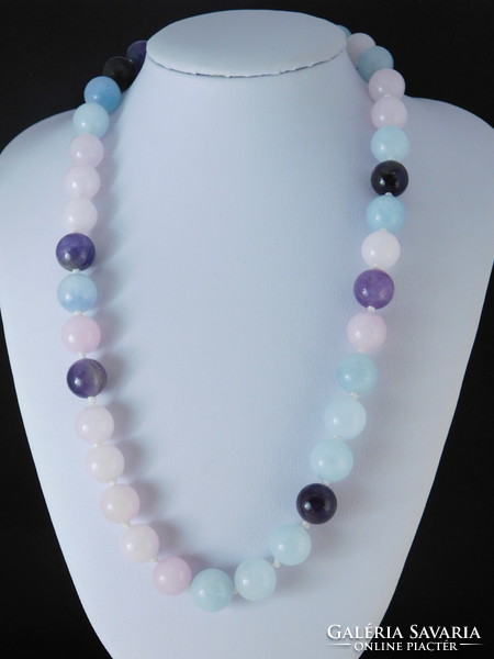 14 K gold aquamarine / amethyst / kunzite special necklace with beautiful large 10.5 Mm stones