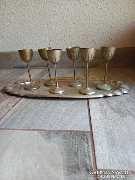 Antique alpaca tray with 6 stemmed glasses