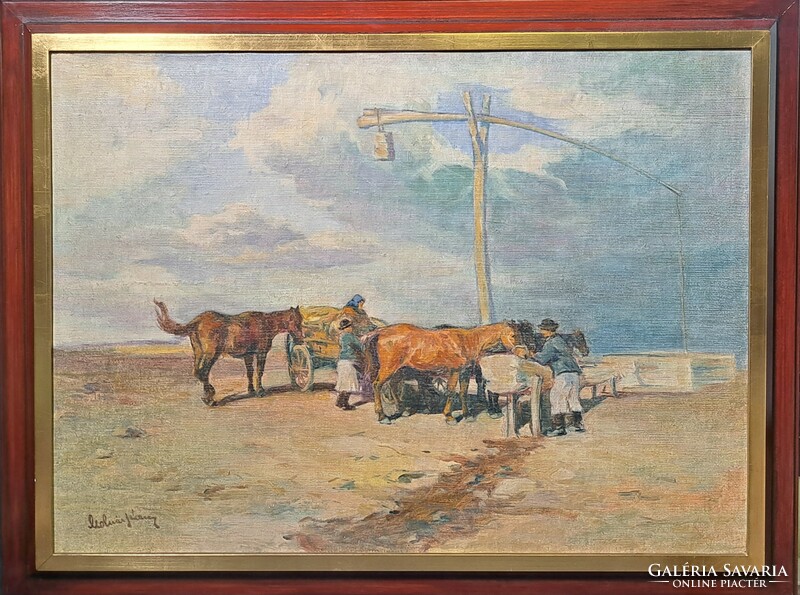 Molnár János jelzéssel paraszti életkép lovakkal (régi olajfestmény kerettel) Alföld