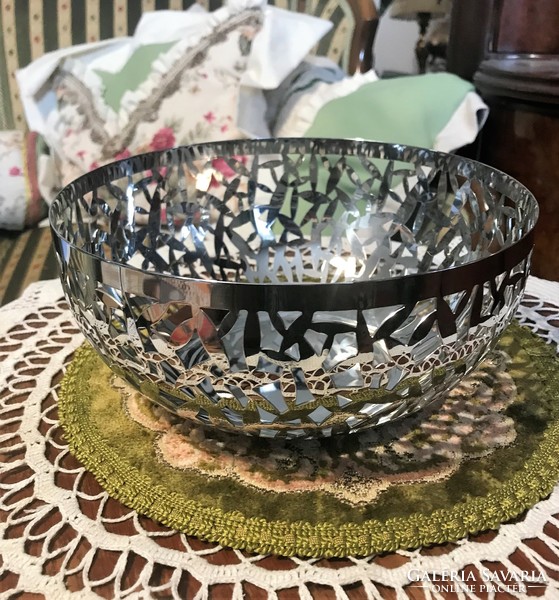 Vintage, stainless steel, shiny surface, openwork large bowl, for cookies, bread, etc.