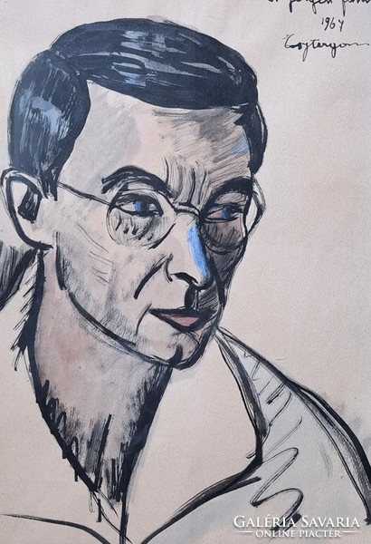 János Nyergesi: male portrait, 1967, Esztergom - ink drawing