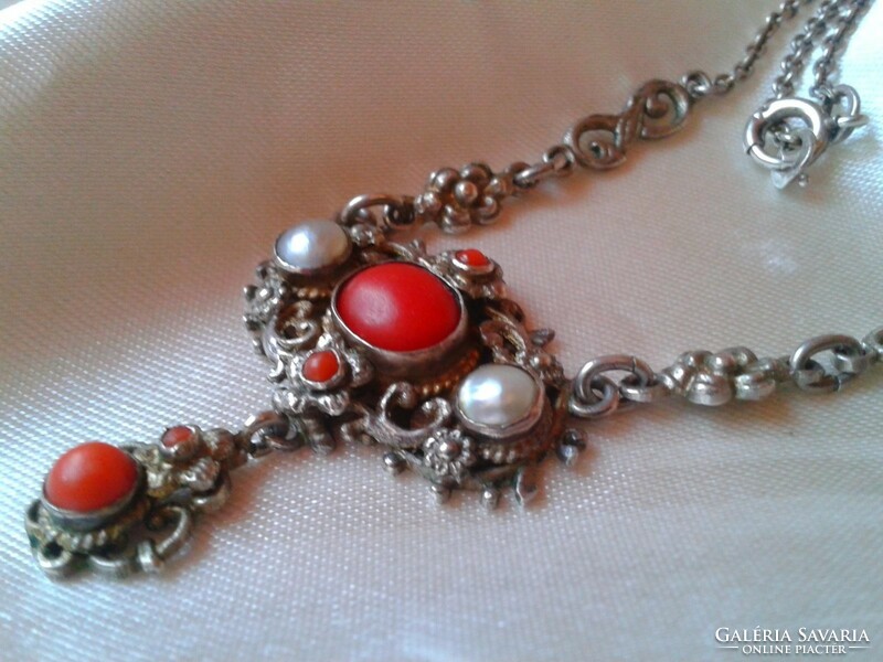 Antique silver necklace with red coral and pearls