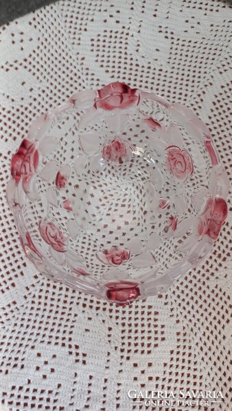 Német Waltherglas vastag üveg kínáló tálka, dombornyomott rózsa díszítéssel, mag.:8 cm, átm.: 13 cm