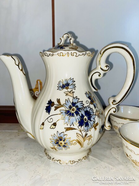 Zsolnay porcelain cornflower gilded hand-painted mocha coffee set kept in a new display case