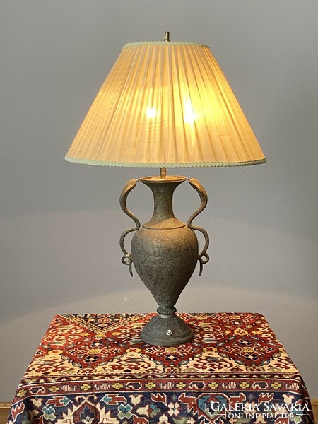 2 Antique bronze table bedside lamps with a Persian pattern decorated with snakes