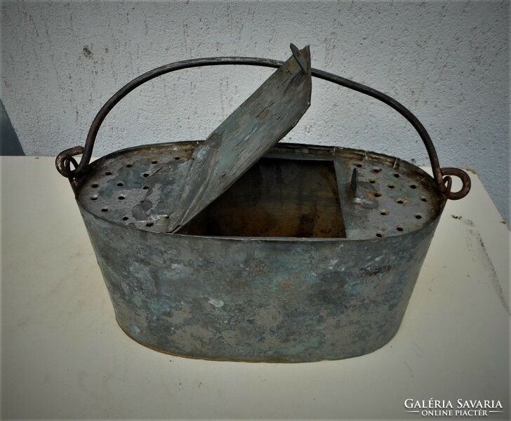 Antique tin bait container with tongs, fish holder for anglers