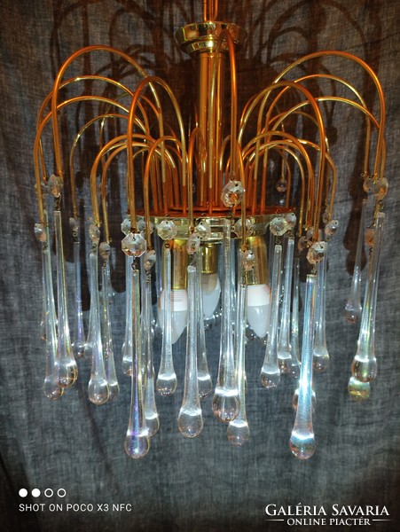 Vintage muránói kristály üveg csepp függős csillár lámpa három égős