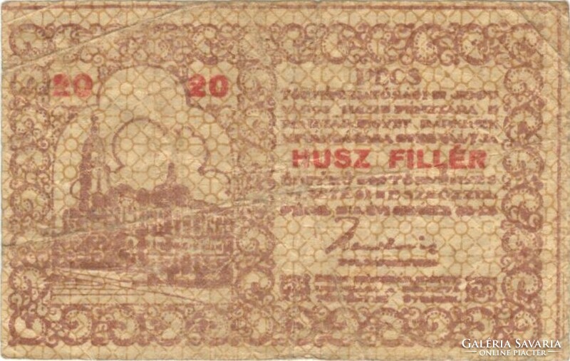 20 fillér 1919 pénztárjegy Pécs