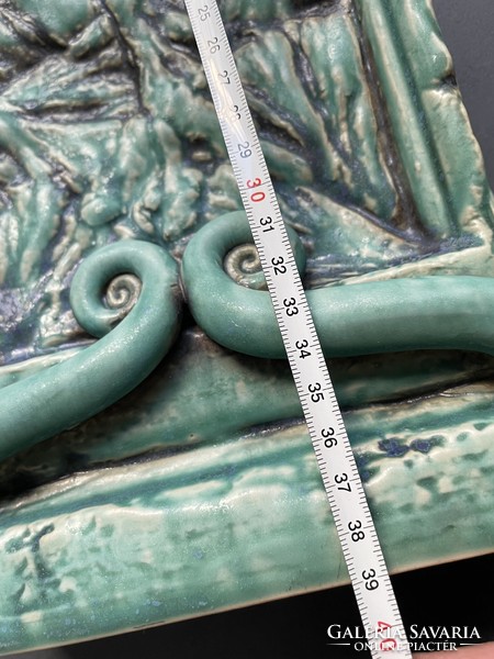Large celadon (celadon) glazed industrial ceramic table clock with Junghans clock mechanism