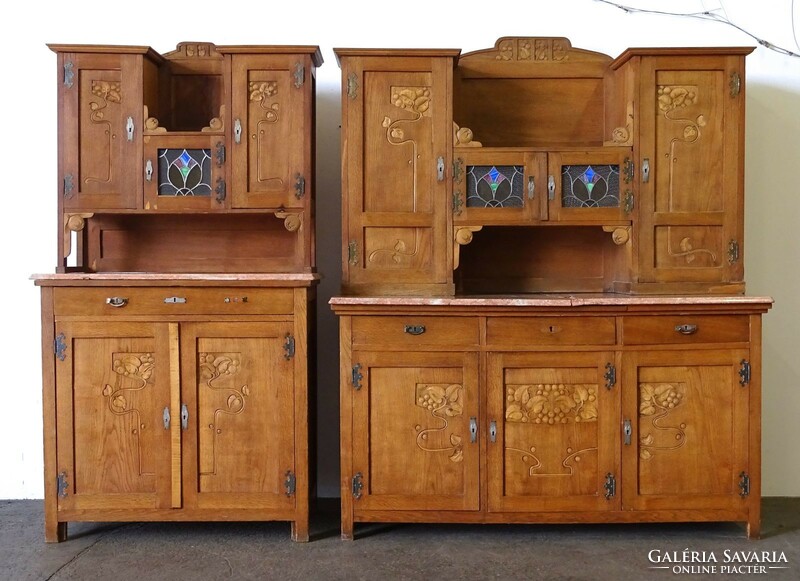 1O108 pair of antique Secession sideboards with stained glass inserts with marble slabs