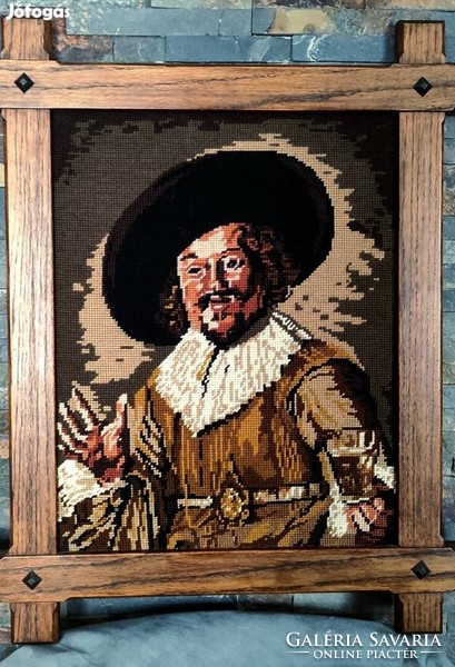 Old tapestry in a solid wooden frame, merry drinker